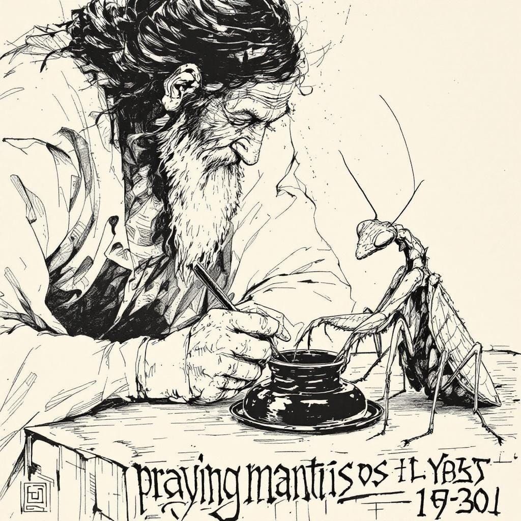 Albino Praying Mantis at Scholar's Desk in Renaissance Style