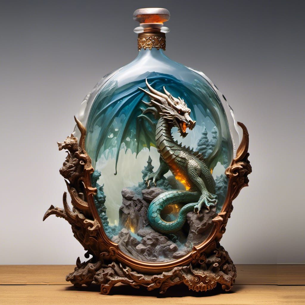 a masterpiece of a Dragon trapped in a very large bottle, he...
