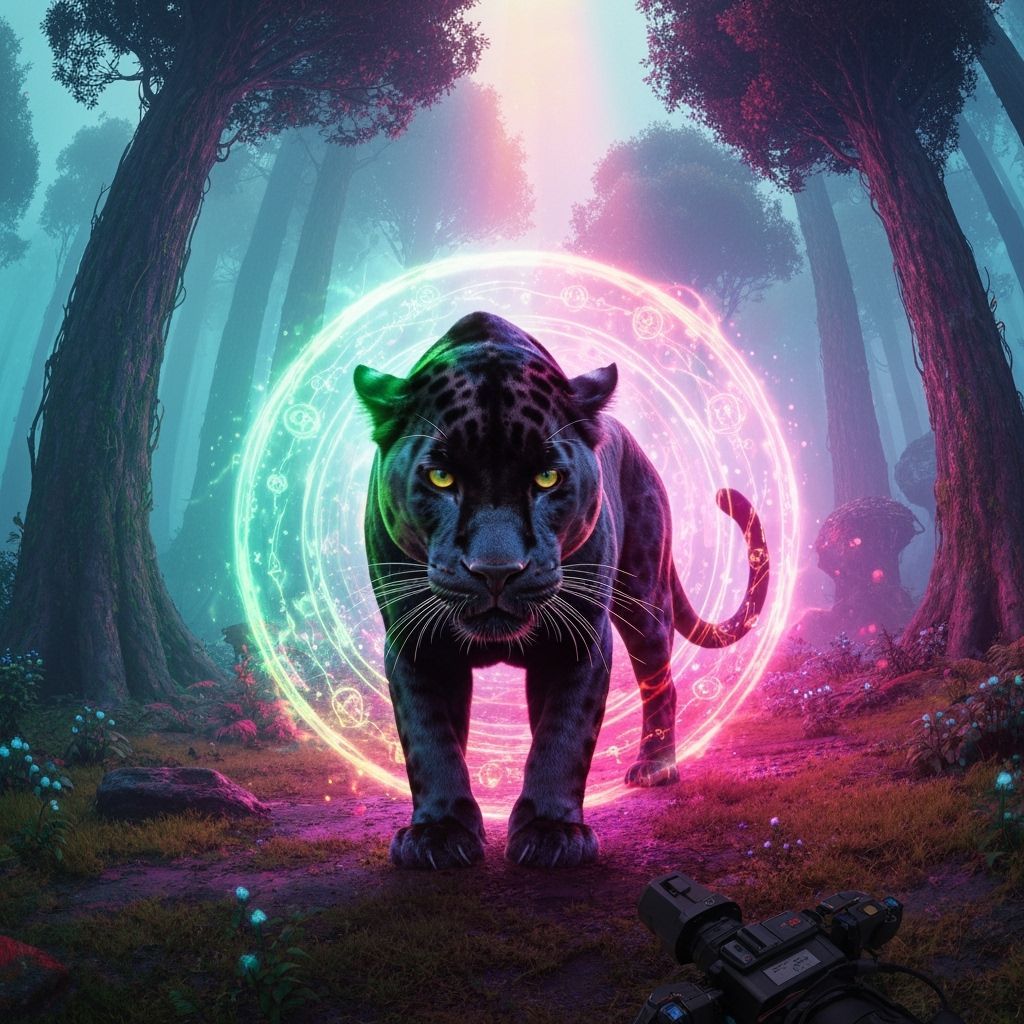 Iridescent Panther in Mystical Forest, Digital Art