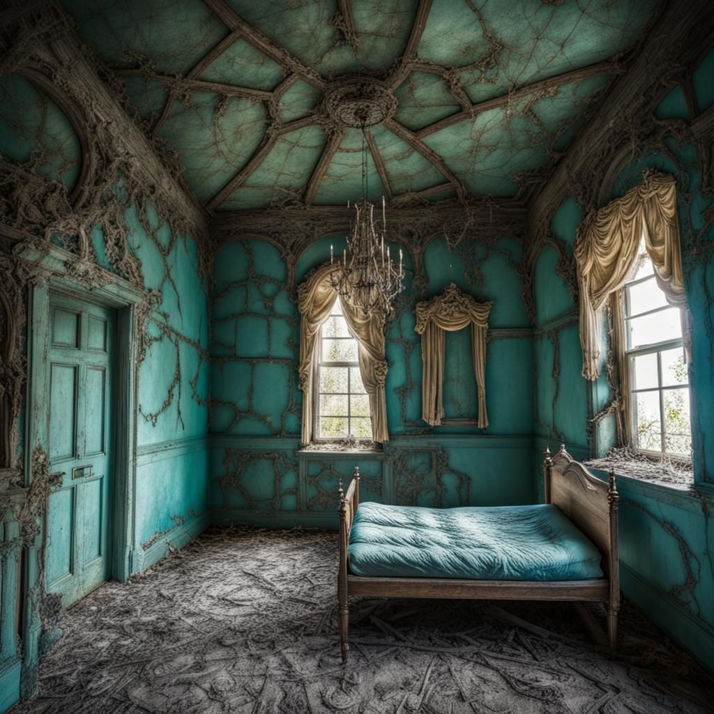 Abandoned Turquoise Castle Bedroom Interior