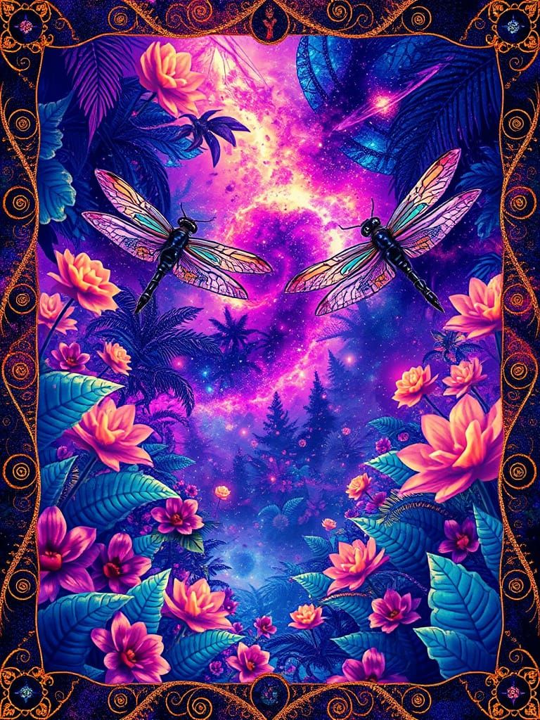 Fractal Gardenscape with Dragonflies in Surreal Style