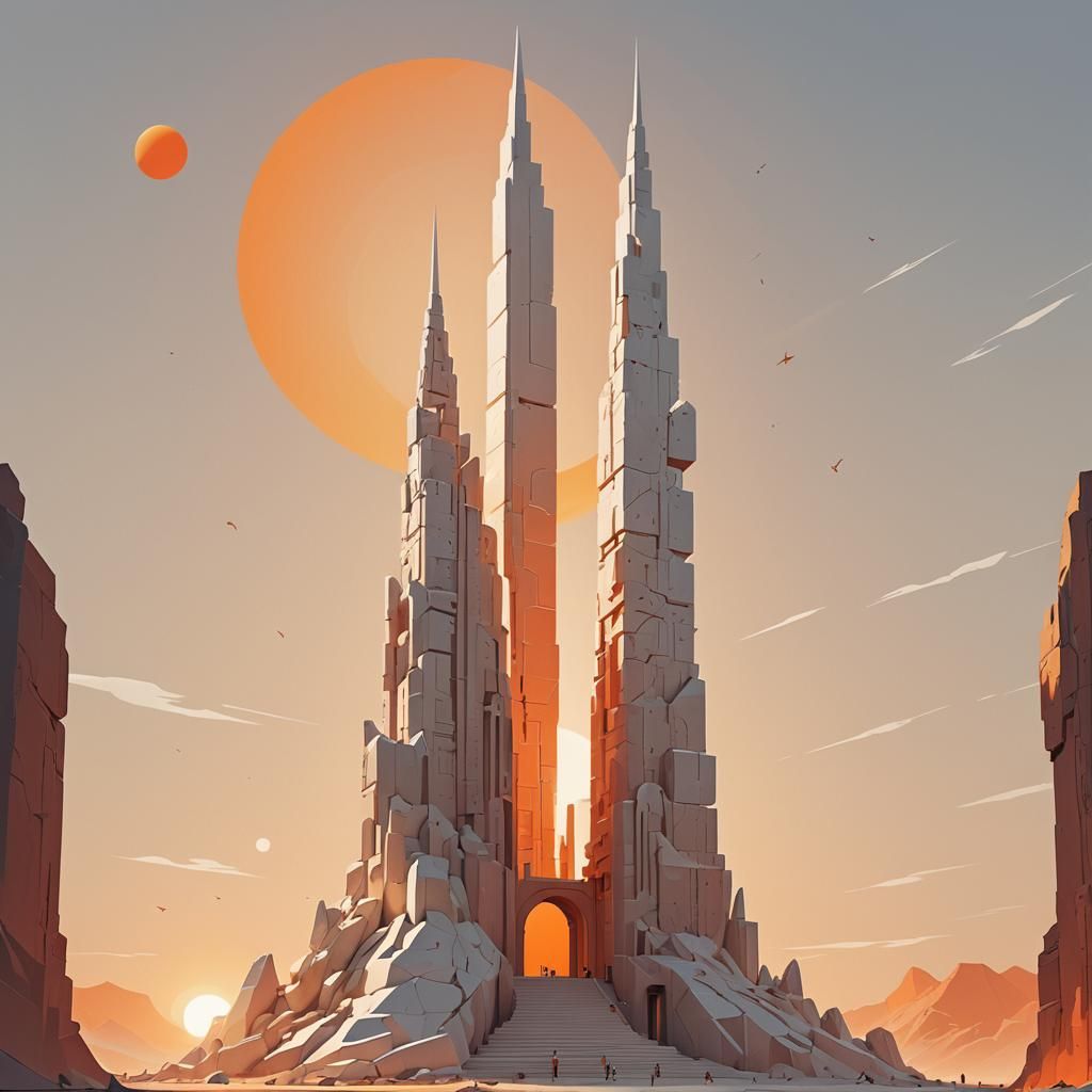 Minimalist Tower Digital Art with Orange Sunset
