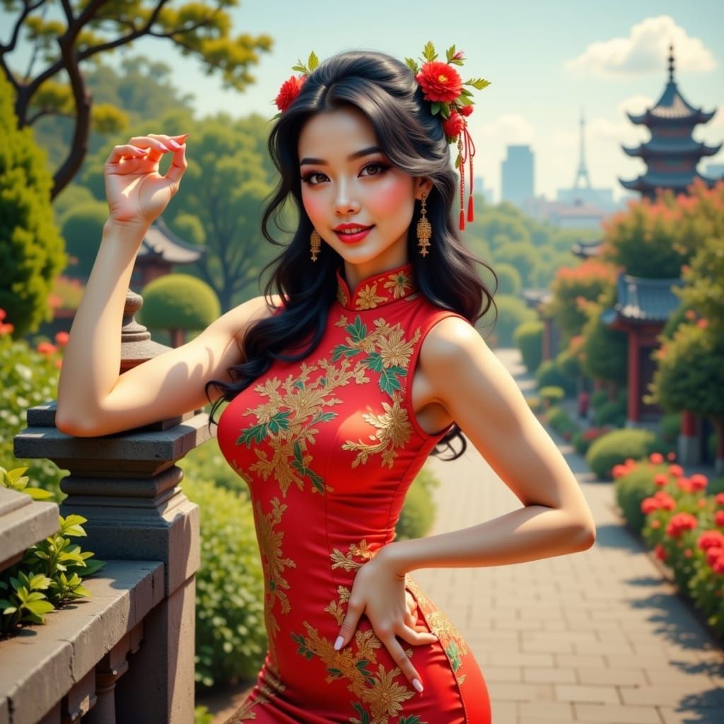 Sultry Asian Pin-Up Model in Vibrant Red Qipao Dress