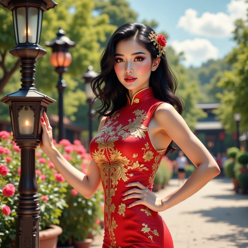 Exotic Asian Pin-Up Model in Red Qipao Dress
