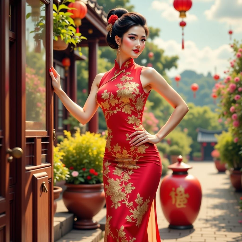 Sensual Asian Pin-Up Model in Vibrant Red Qipao Dress