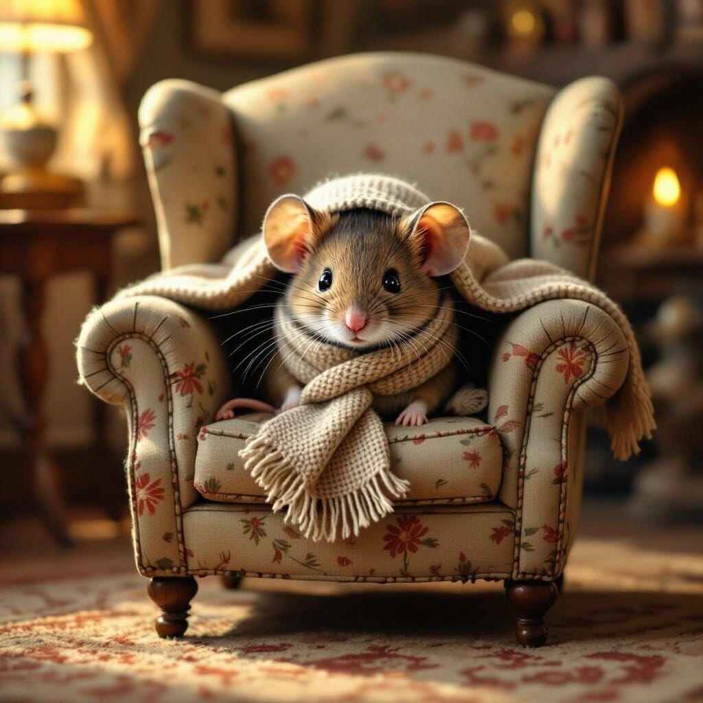 Shy Mouse Hiding, Storybook Illustration