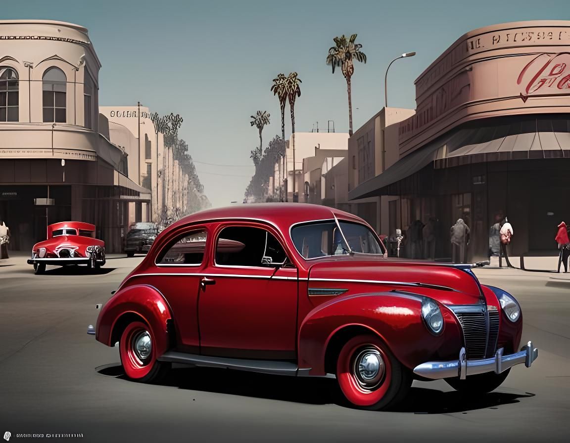 Classic Cherry Red Car in 1940s Los Angeles