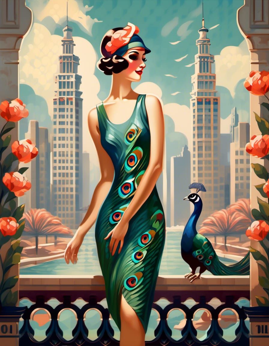 Flapper Girl in Peacock Dress as Oil Painting
