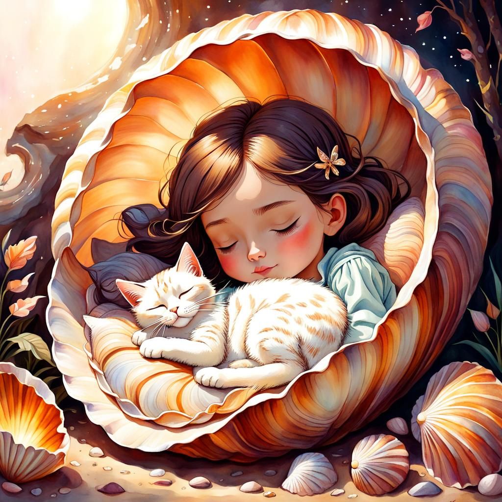 Girl and Cat Sleeping in Shell: Watercolor Art