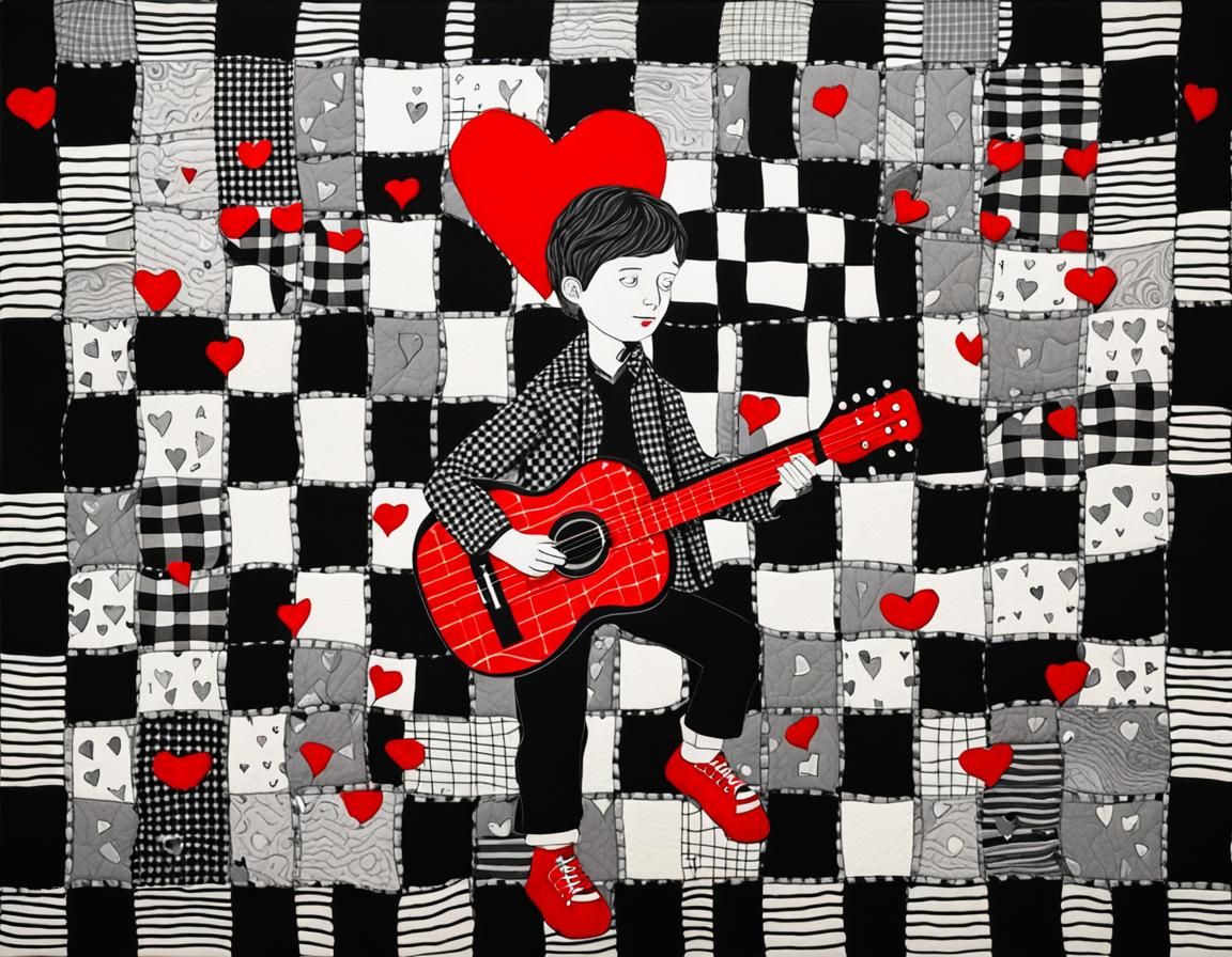 Boy's Quilted Guitar Dreamscape in Vintage Art Style