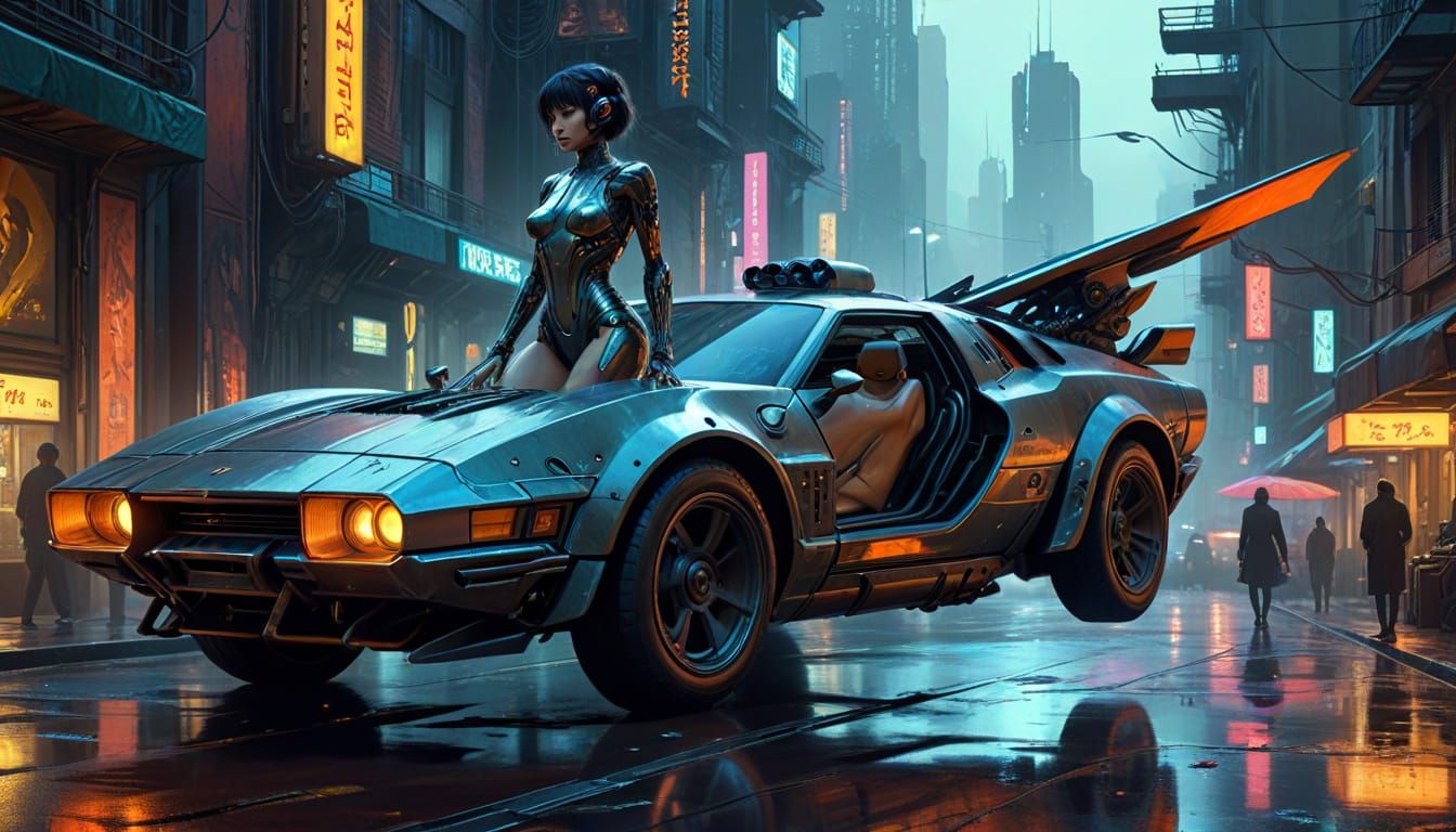 Cyberpunk Cyborg in Cityscape, Naif Art Style