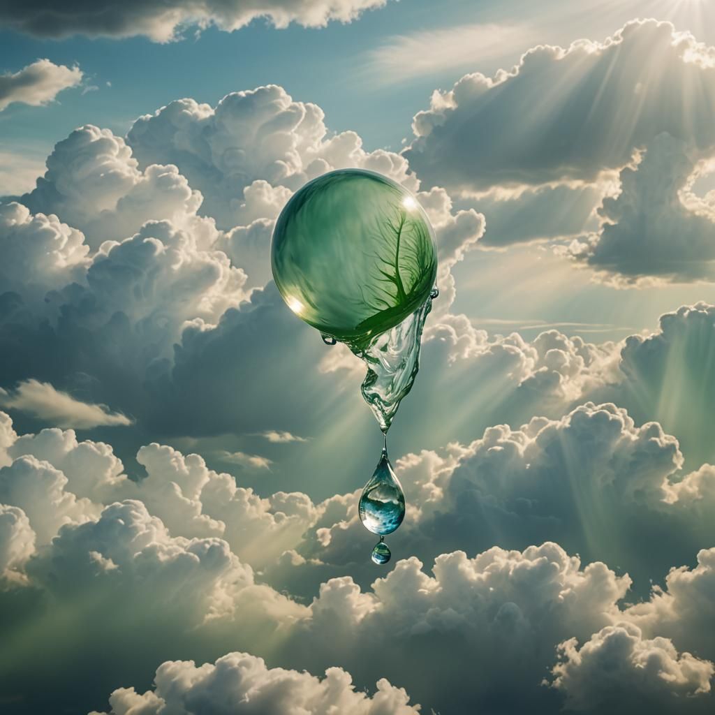 Green Raindrop's Surreal Descent Through Dreamy Clouds
