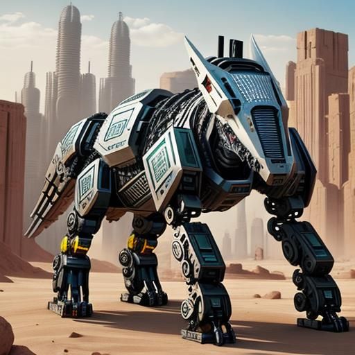 Giant Cyborg Dog Carries Gothic City in Desert