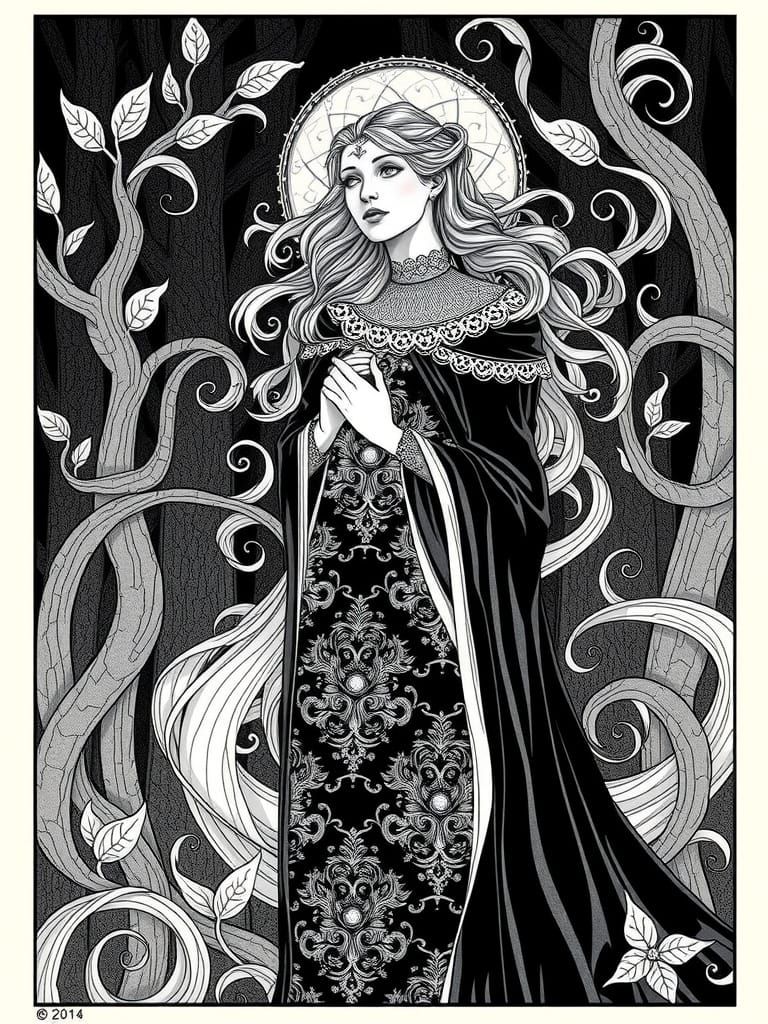 Ethereal Morgan le Fay in Dark, Misty Arthurian Forest