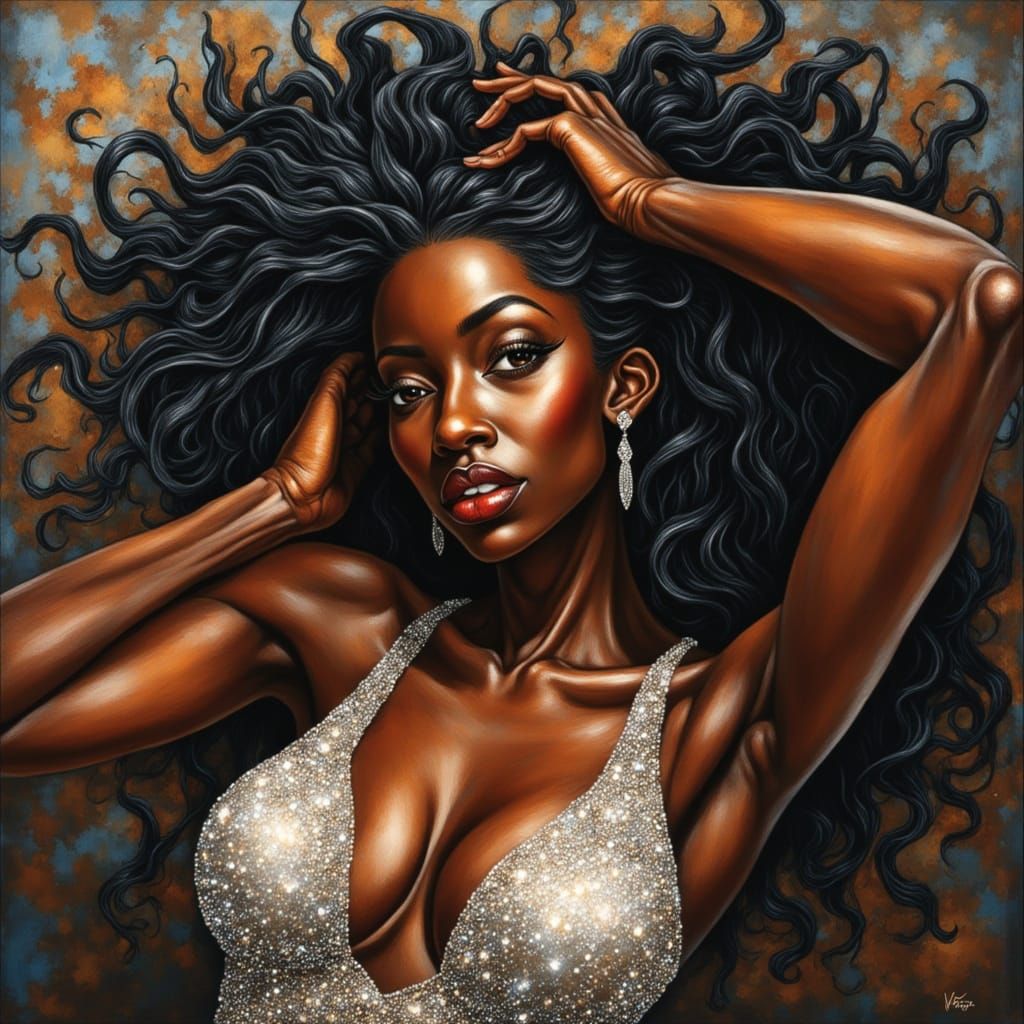 Mesmerizing Black Woman Portrait in Expressive Oil and Acryl...