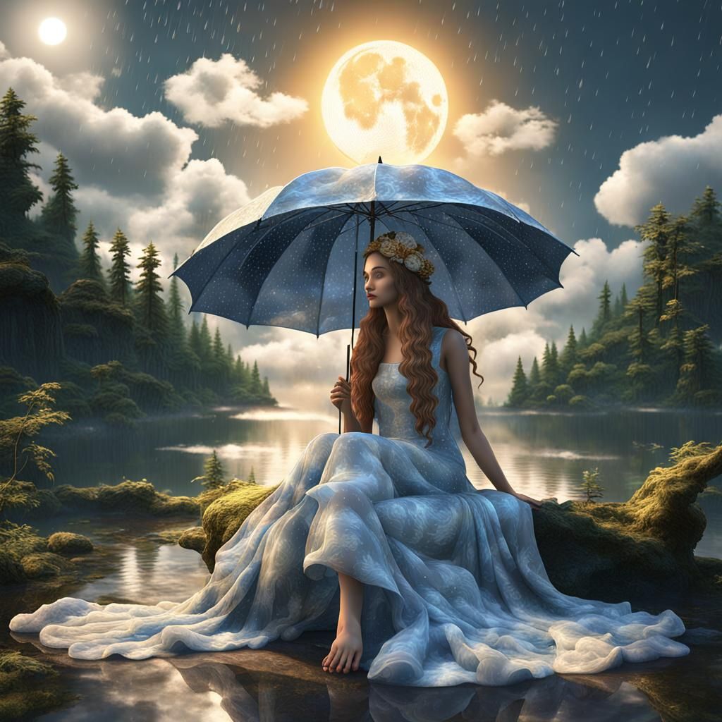 Surreal Woman with Cloud Dress in Magical Forest