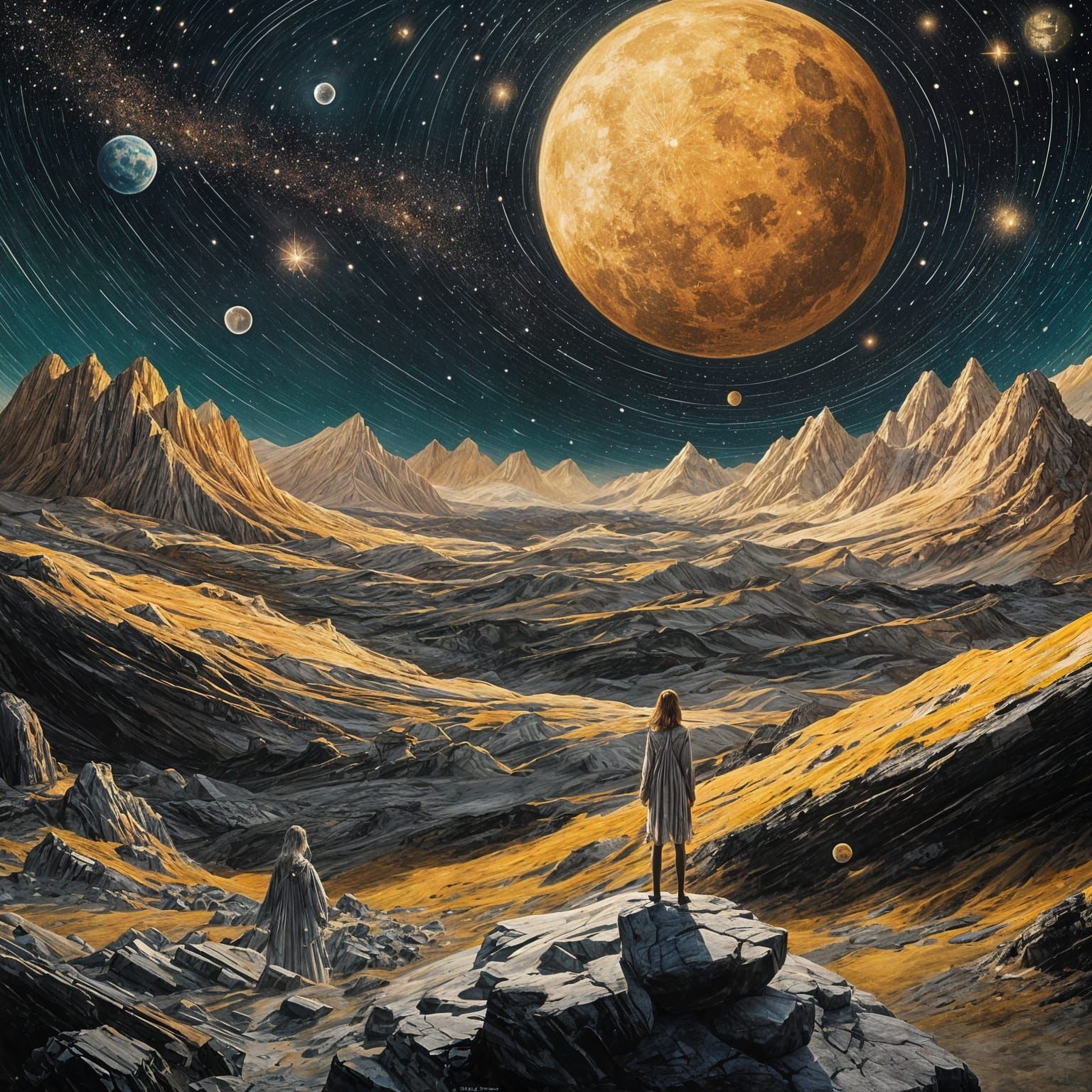 Ethereal Woman Gazing at Dark Planet in Cosmic Landscape