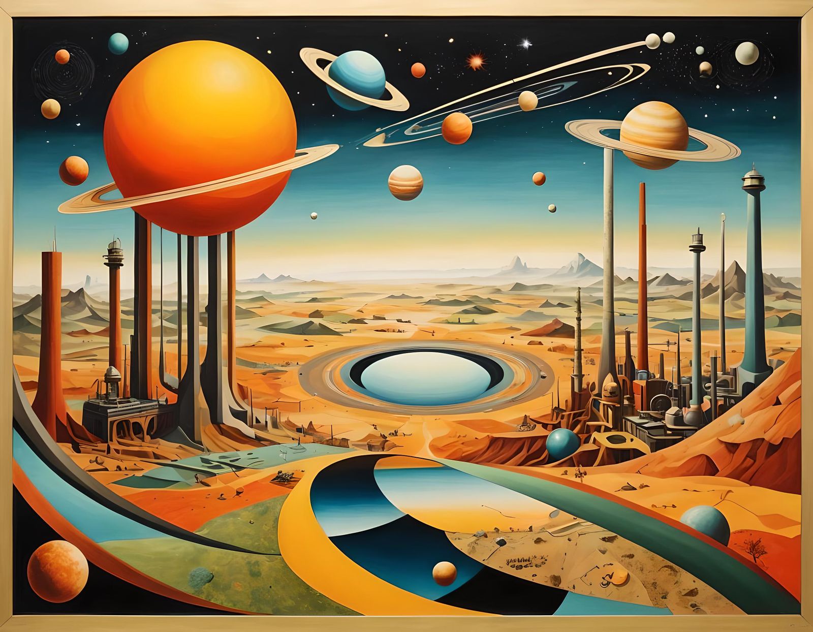 Surreal Industrial Landscape with Mirrored Solar System