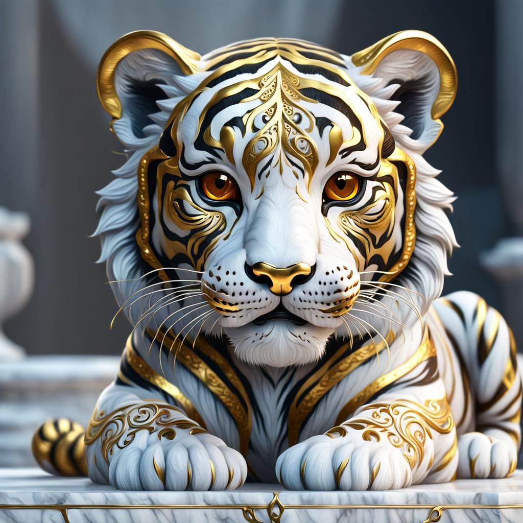 Marble Tiger Cub with Gold Filigree