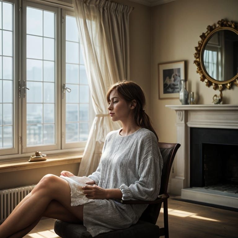 Woman Enjoying Quiet Moment in Comfortable Room