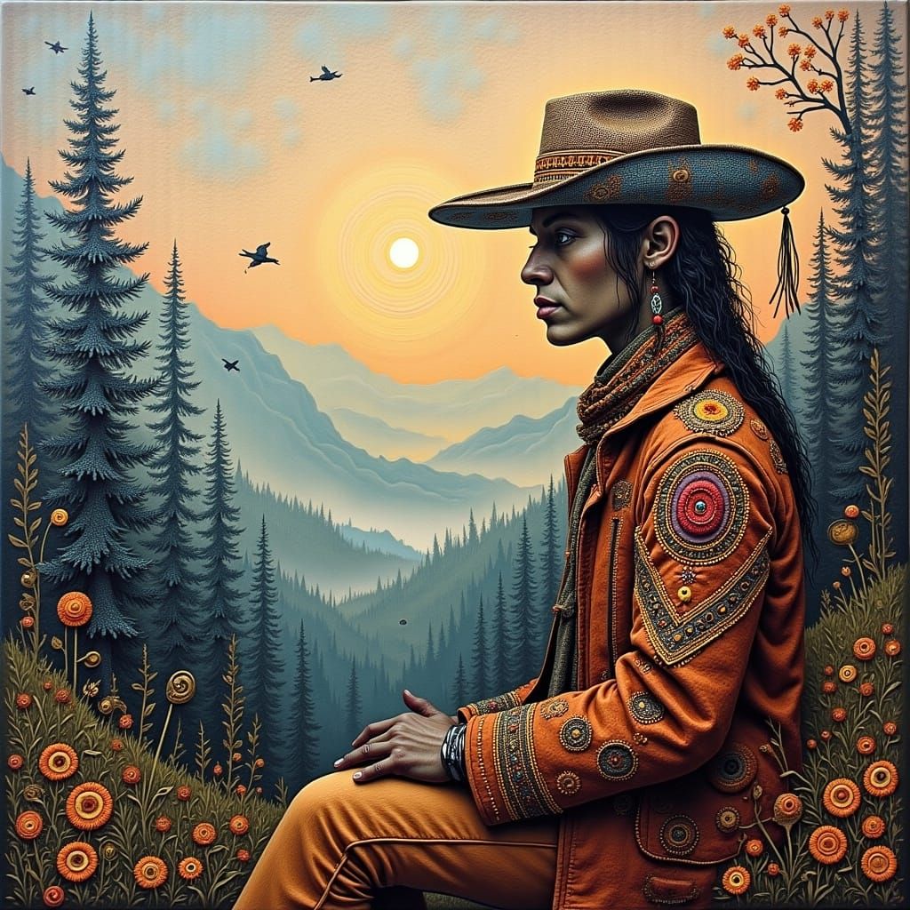 Futuristic Figure Gazing at Misty Forest, in Surreal Folk-Ar...