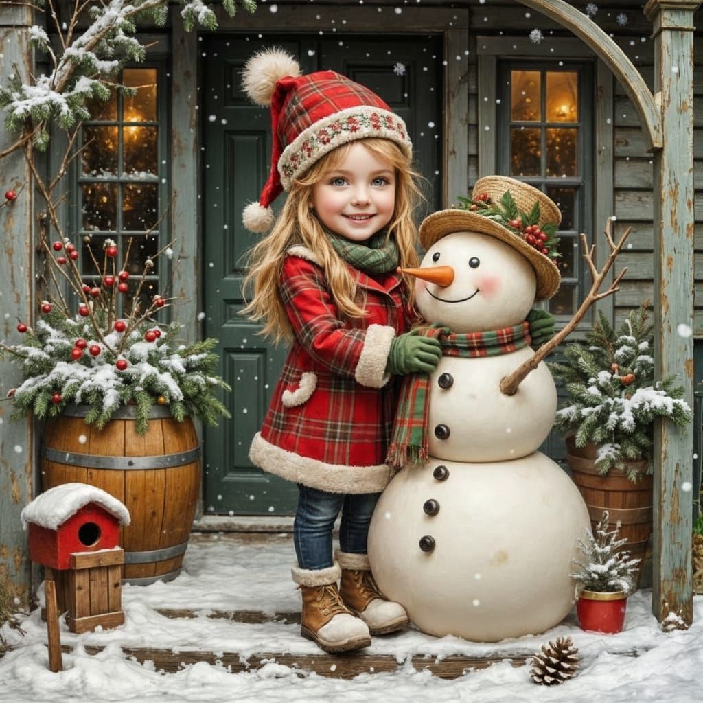 Cozy Christmas Girl with Snowman Oil Painting