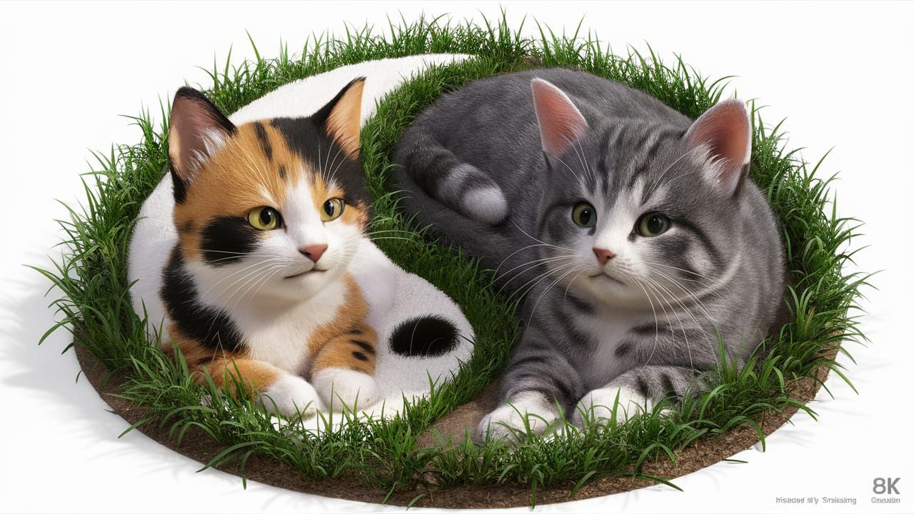 Cats Embodied Yin and Yang in Vibrant Green Grass Scene