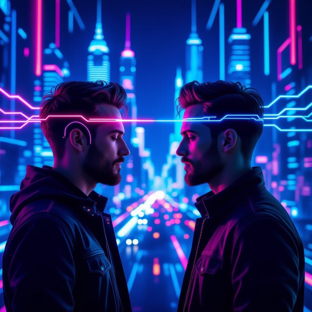 Telepathic Connection in Futuristic Cityscape