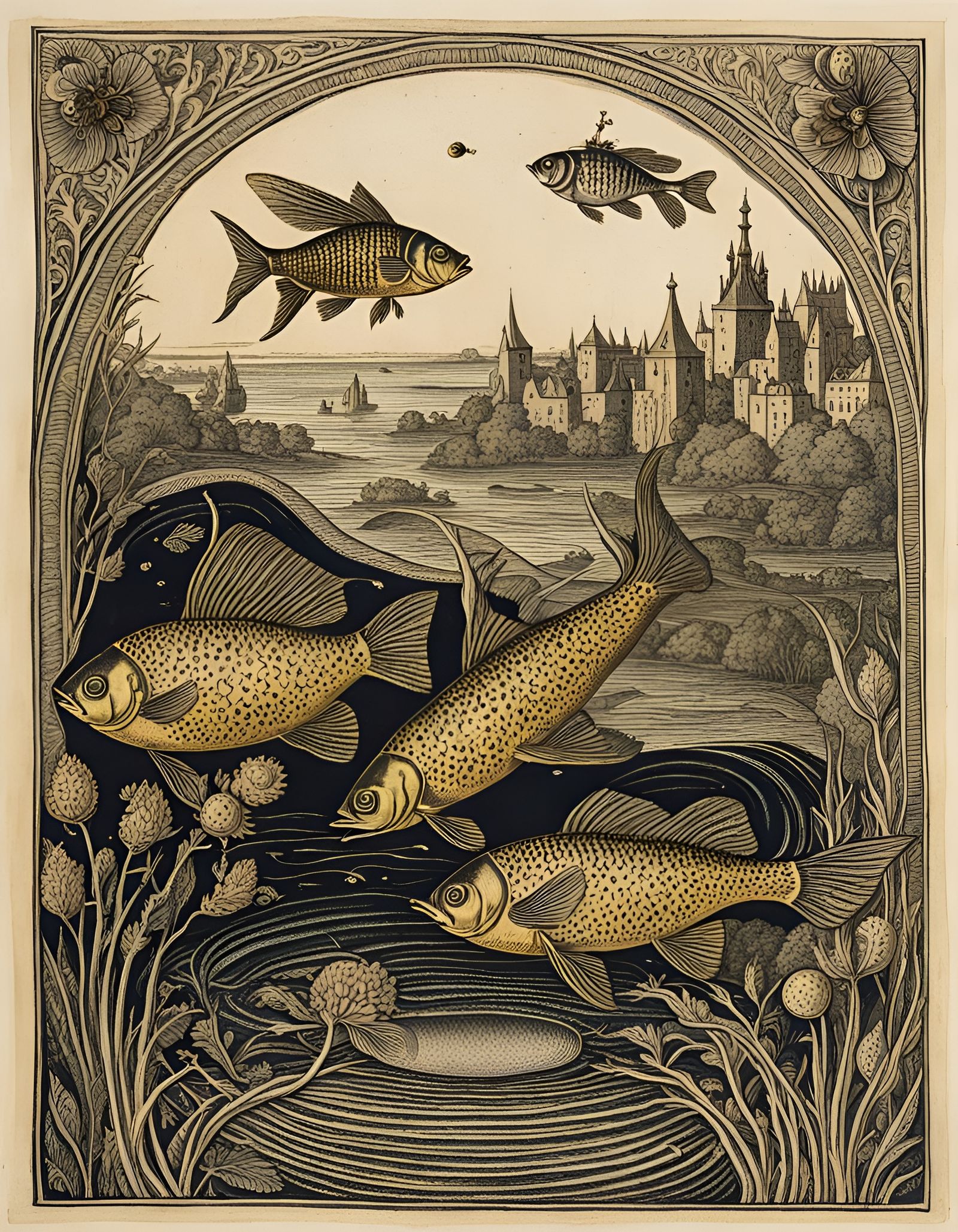 Medieval Folk Art Fish Woodcut With Water Magic