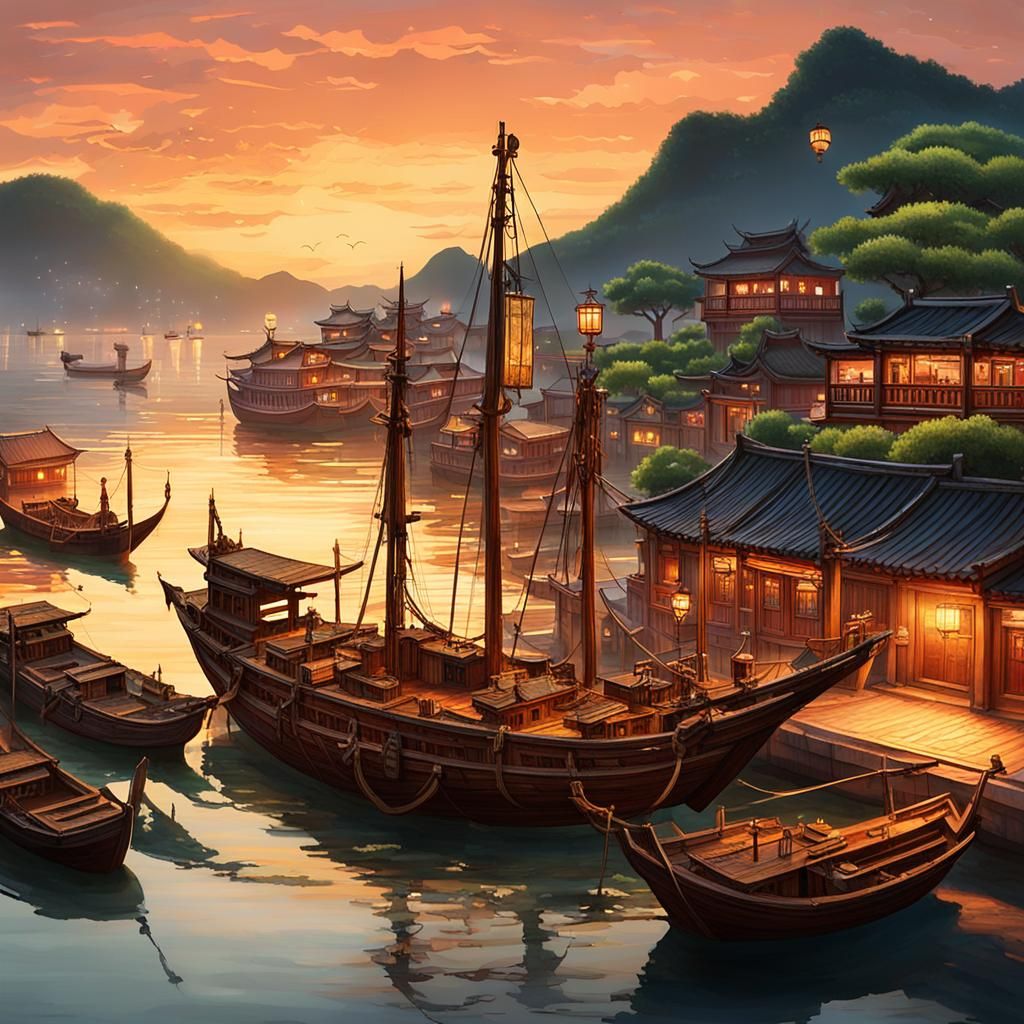 Chinese Junk Anchored at Sunset: Matte Painting