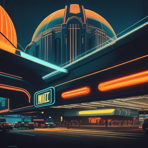 1940s vector art style book cover. Futuristic retro cityscap...