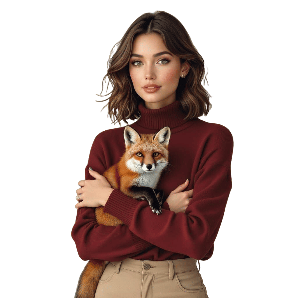 Modern Woman Holding a Fox, Watercolor Style