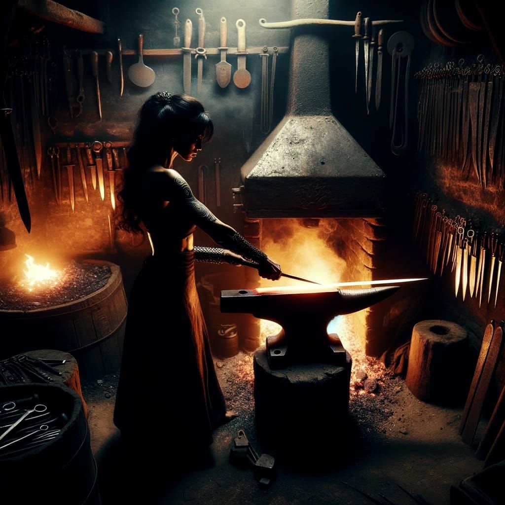 Blacksmith Forging a Luminous Sword in Dark Forge
