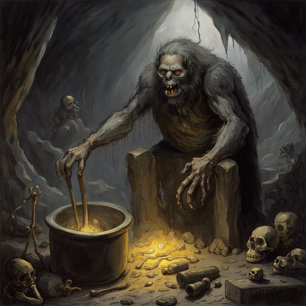 Hairy Monster Butcher in Cave, Horror Illustration