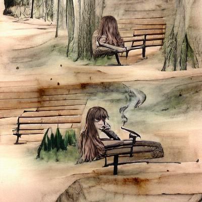 Sad Girl Smoking Pipe in Forest, Ink Wash Style