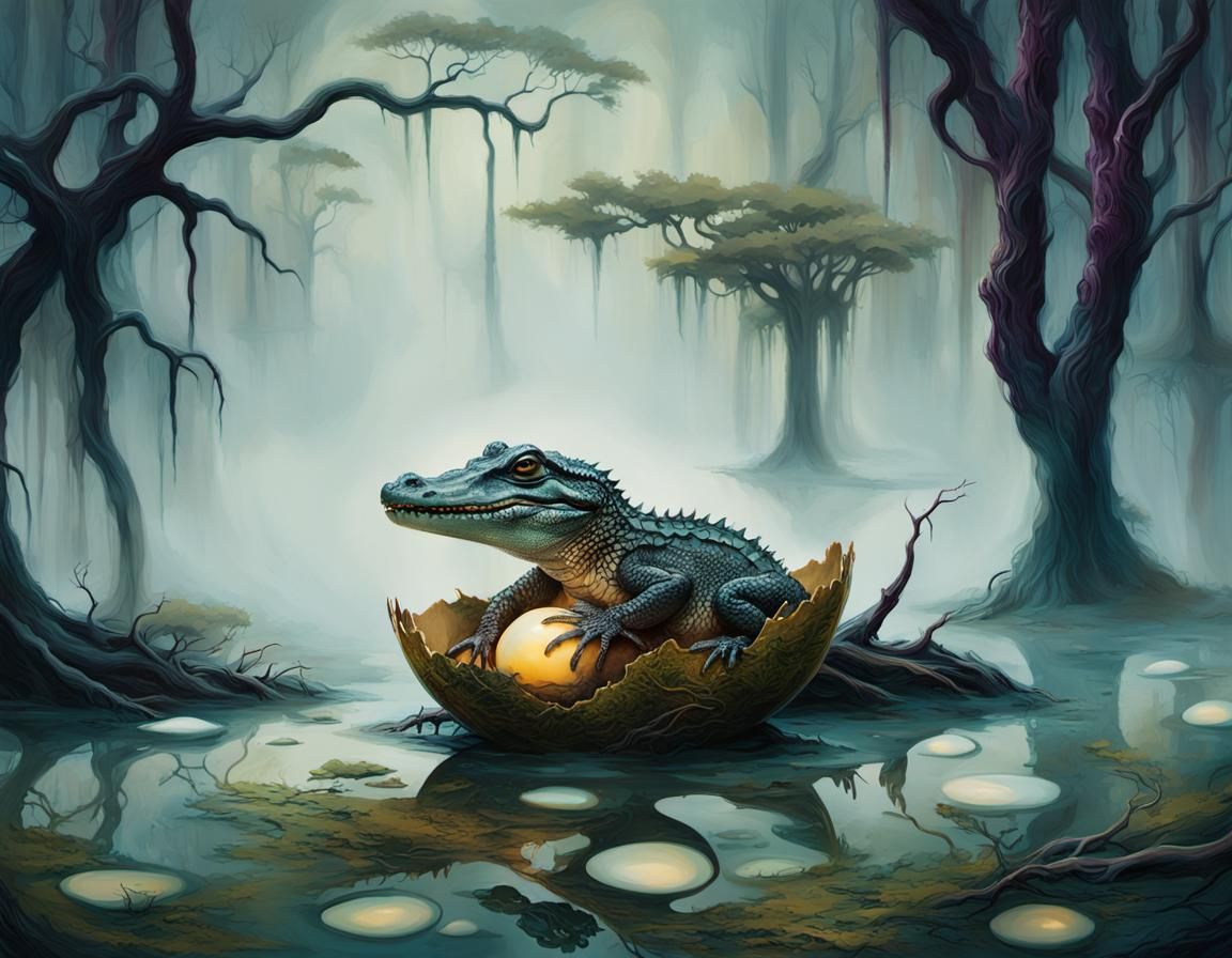 Surreal Alligator Hatchling in Haunted Swamp