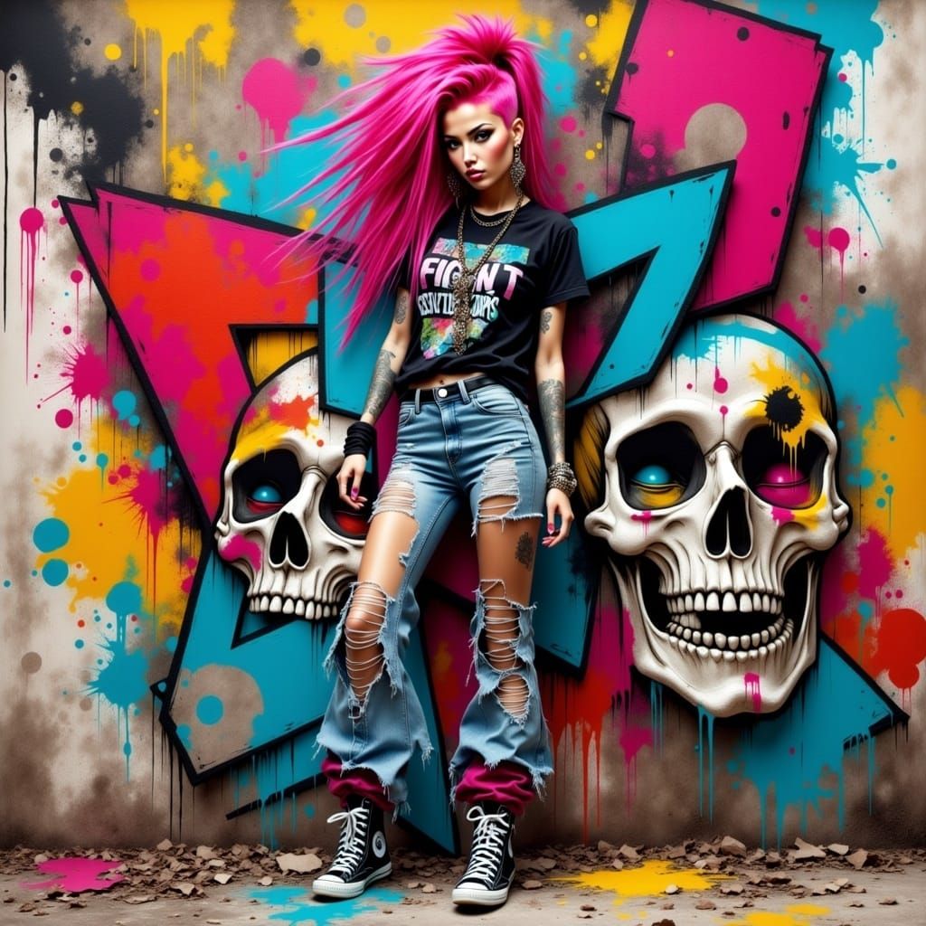 Punk Teen in Street Style with Graffiti Art