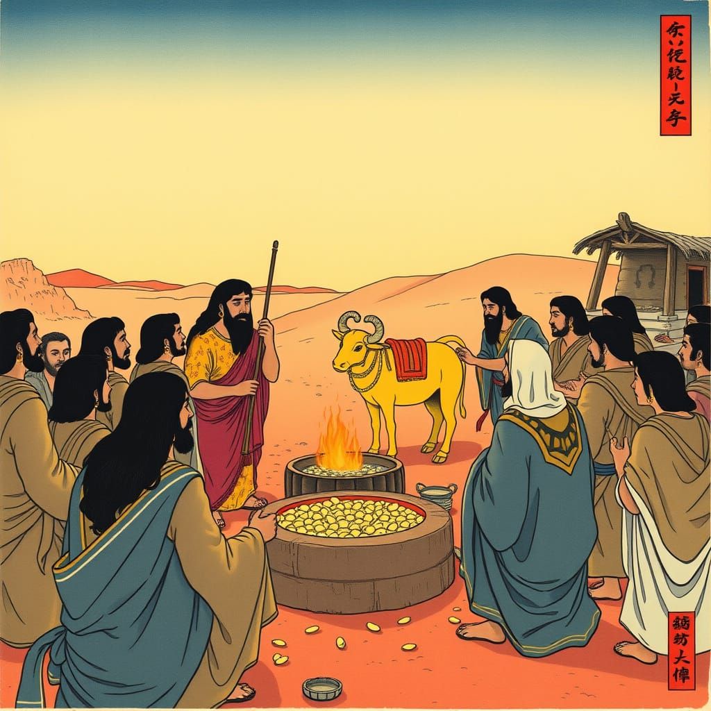 Israelites Craft Golden Calf in Ukiyo-e Style