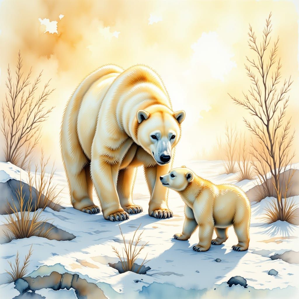 Polar Bear and Cub in Arctic Spring, Gouache Style