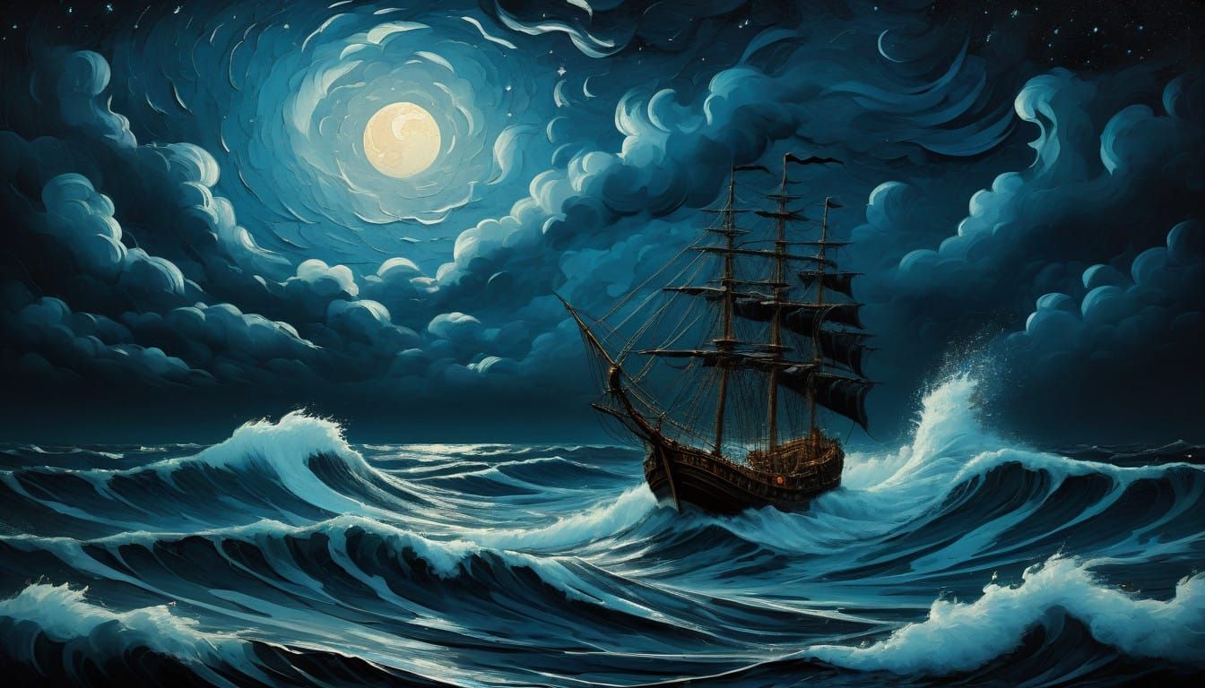 Stormy Moonlit Sea in Baroque Style