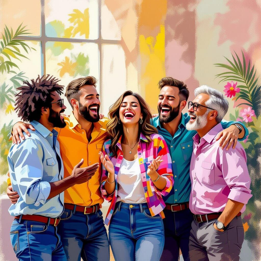 Singers in Casual Attire, Hockney-Inspired Art