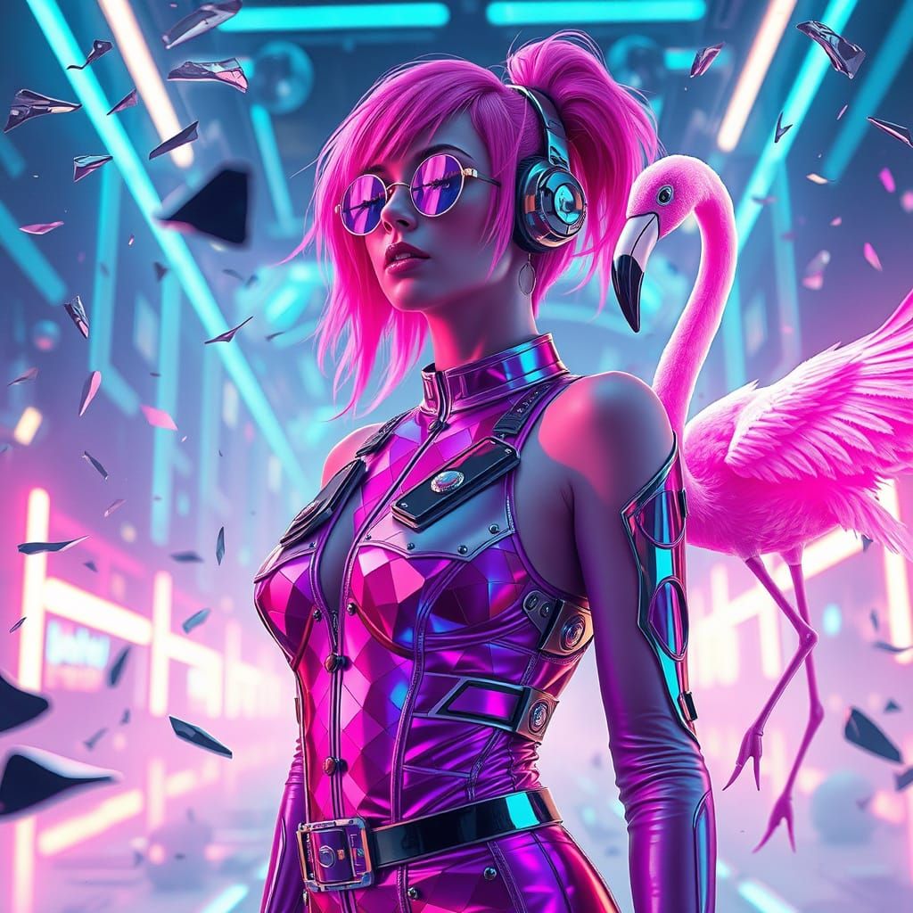 Kaleidoscope, cyberpunk, woman, flamingo