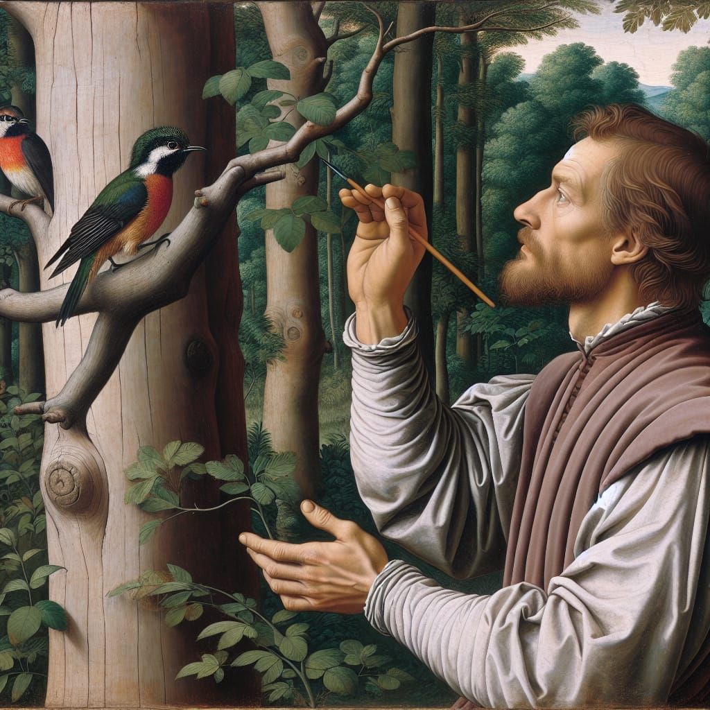 Renaissance Man Admiring Forest with Bird Detail