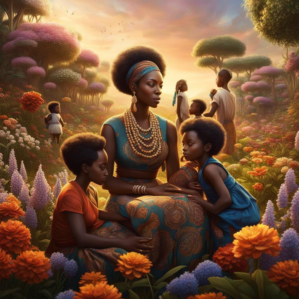 African Mother and Sons in Flower Garden