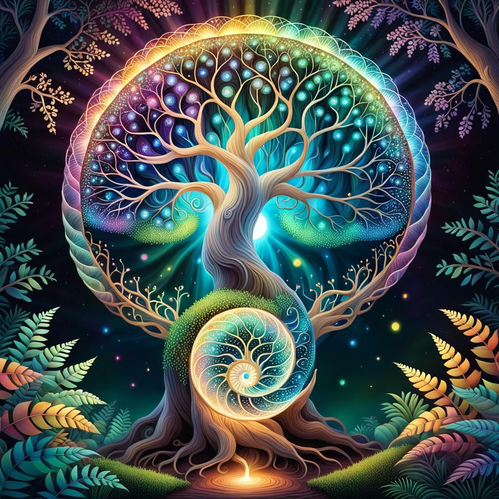 Tree of Life with Fibonacci Spiral and Aurora