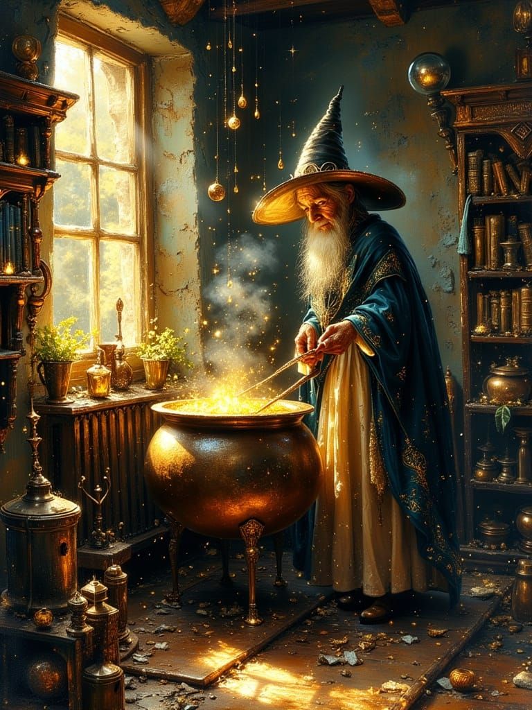 Wise Old Witch Brewing Magic in Cozy Cottage