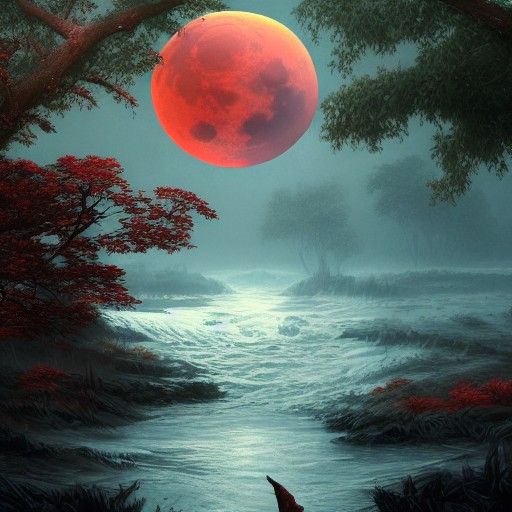 Blood Moon Over Tropical River: Fantasy Illustration
