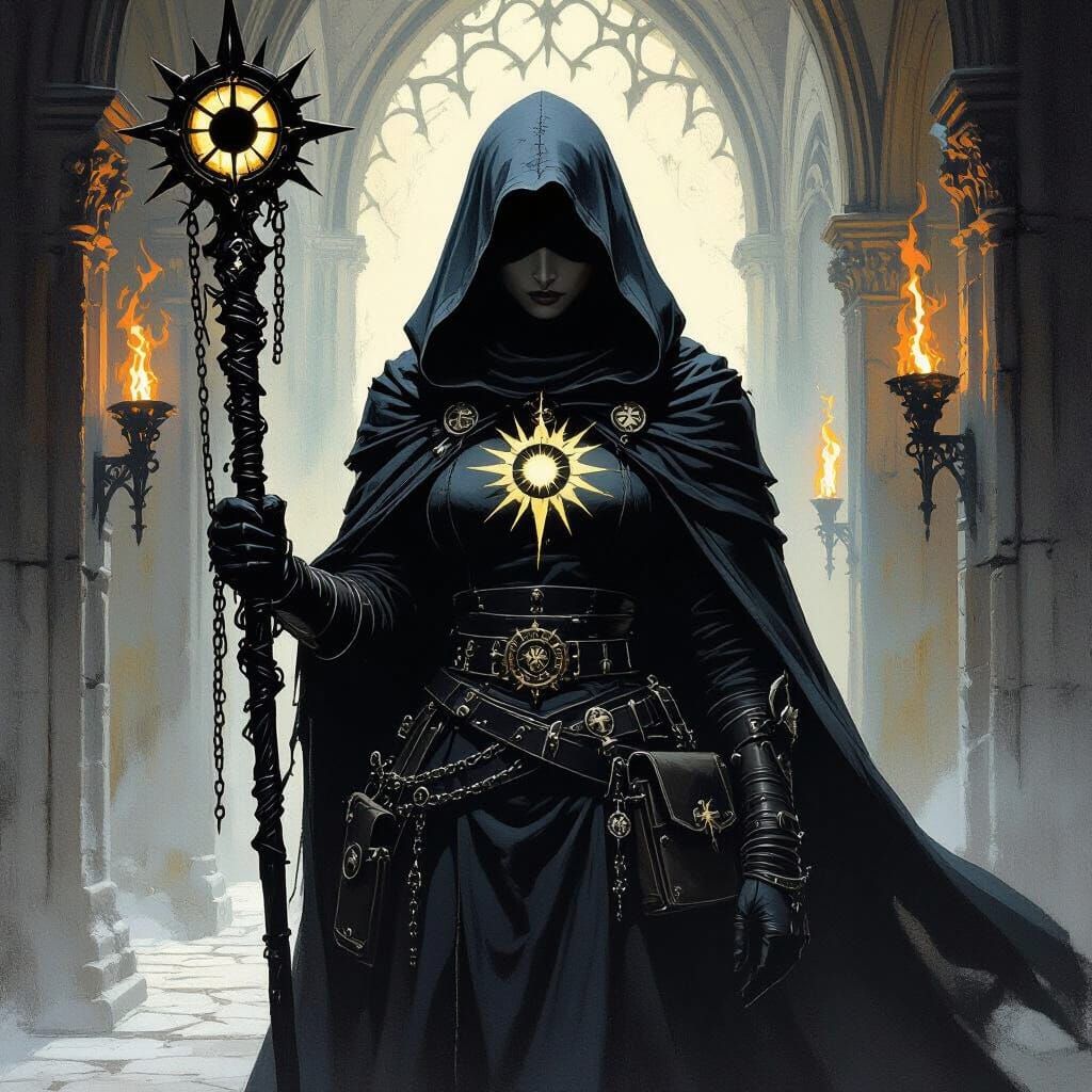 Dark Fantasy Inquisitor in Gothic Cathedral, Pen and Ink