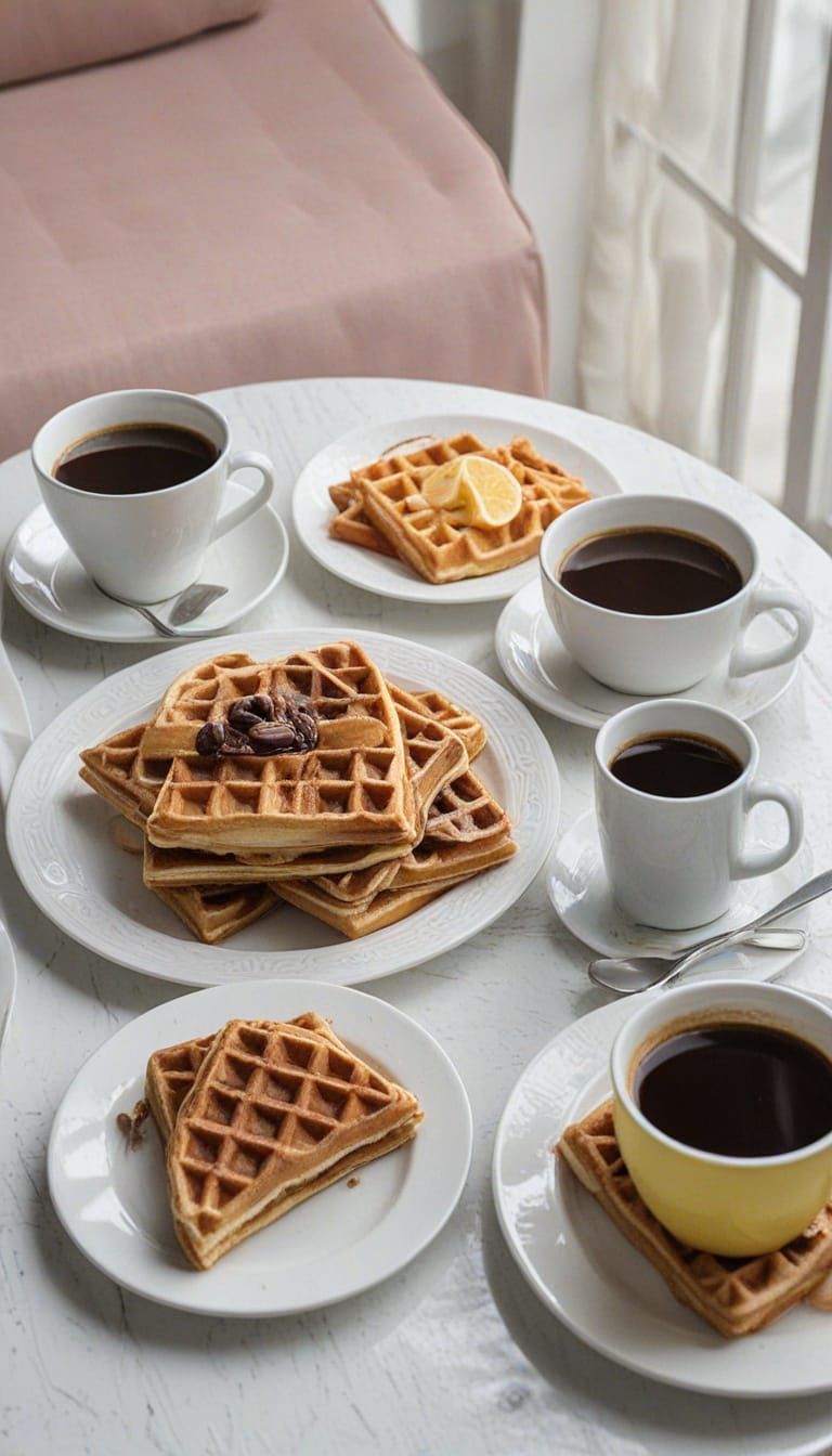 Bright Breakfast Table with Coffee and Waffles