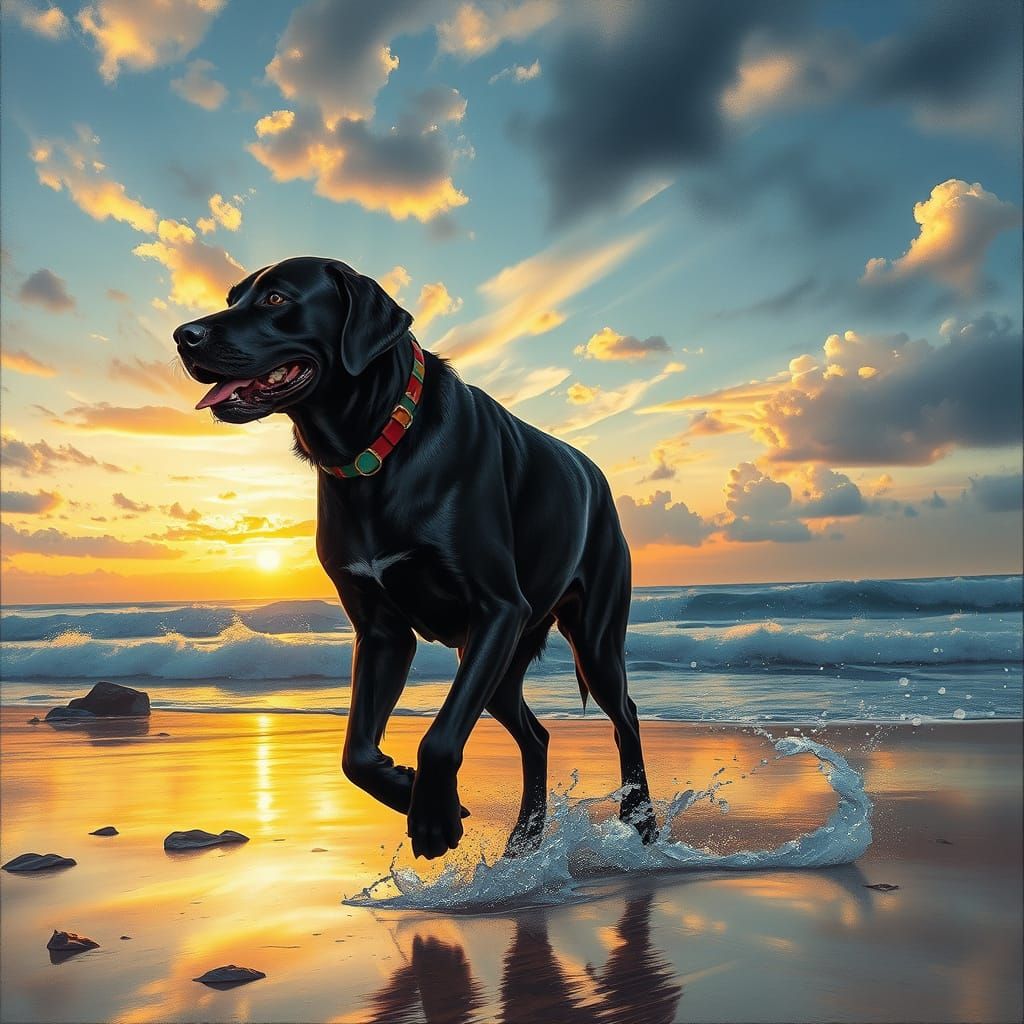 Elder Labrador Retriever Strolls Beach at Sunset with Branch...